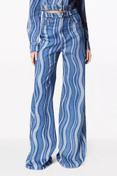 JEAN DENIM TAILLE HAUTE À IMPRIMÉ VAGUE ET JAMBE LARGE